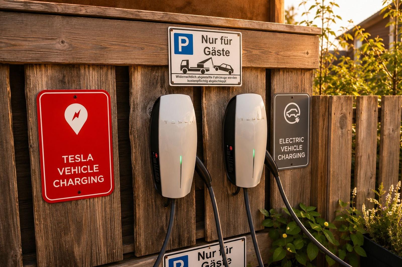Zwei Tesla-Ladestationen an einem Holzzaun mit Schildern für Gäste.