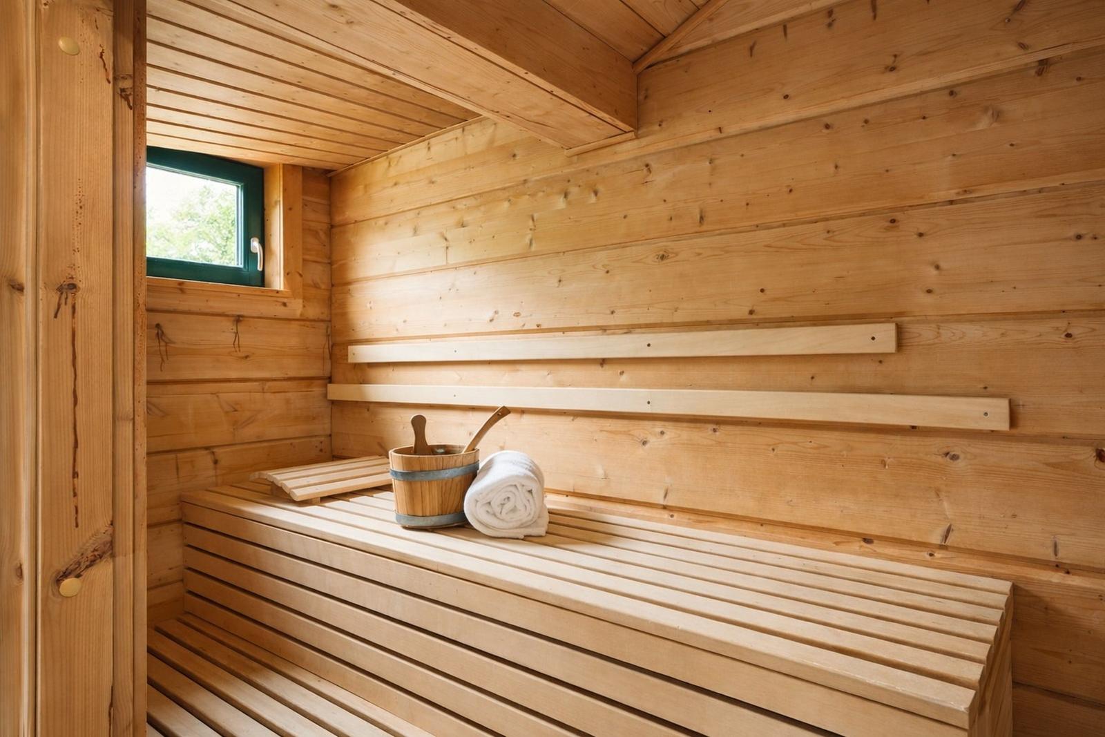 Holzsauna mit Sitzbank, Eimer und Handtuch. Fenster mit grünem Rahmen.
