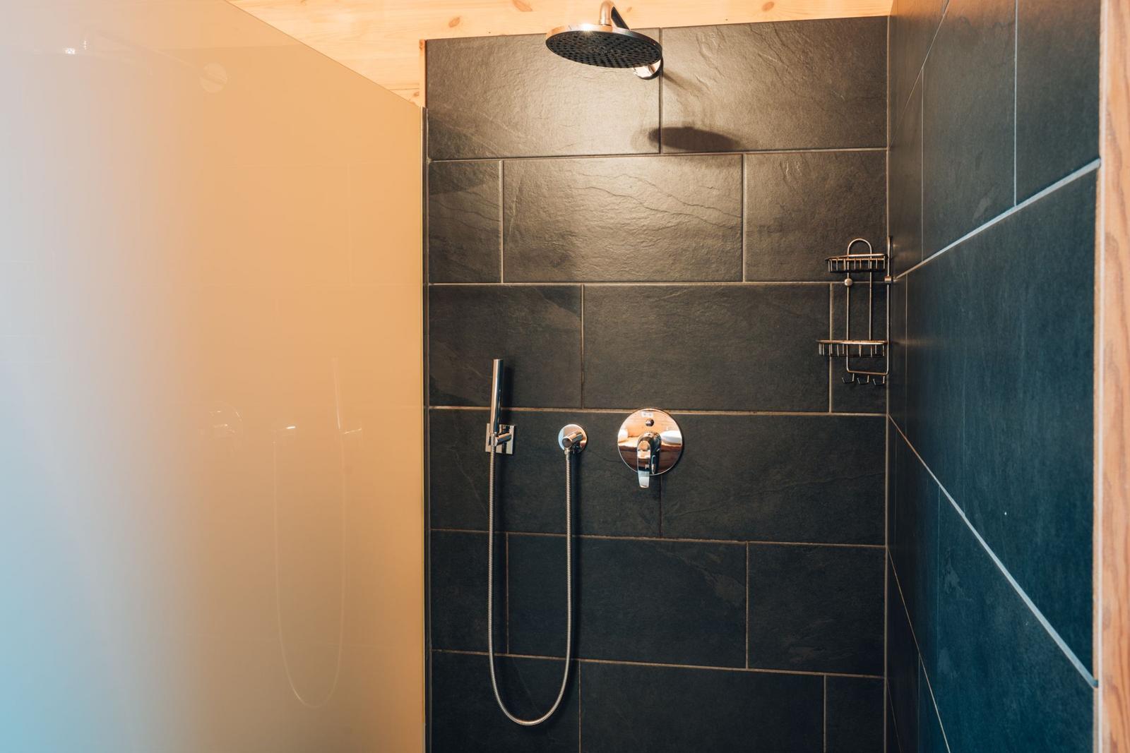 Dusche mit schwarzen Fliesen, Duschbrause und Handbrause