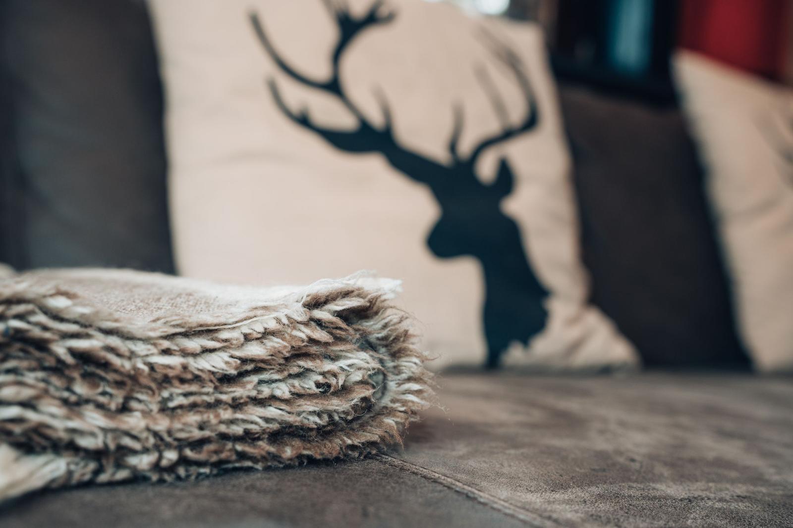 Gefaltete Decke auf Sofa mit Kissen mit Hirschmotiv im Hintergrund.