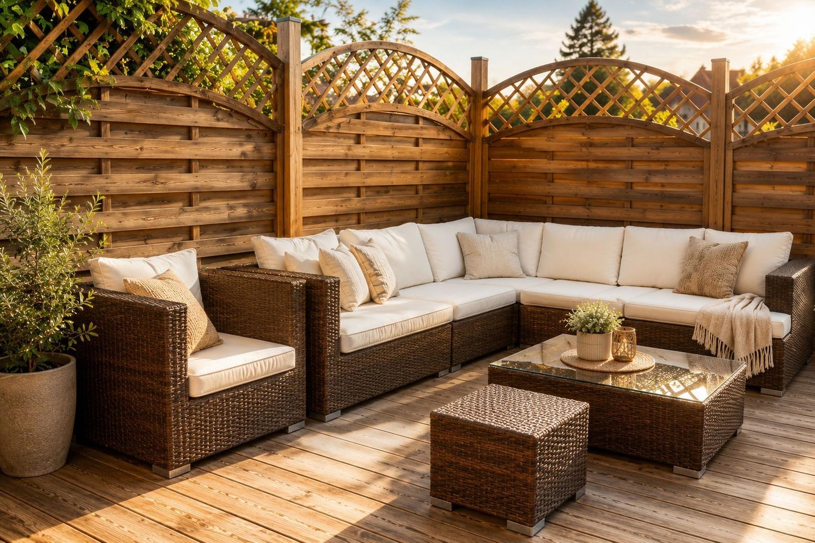 Terrasse mit Rattan-Sofa, Kissen und Glas-Tisch. Holzgeländer und Pflanzen.