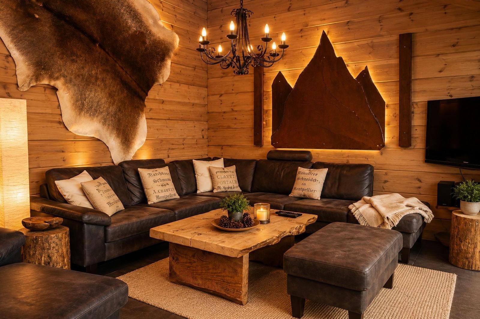 Wohnzimmer mit Holzwand, Ledersofa, Holztisch und Wanddekoration.