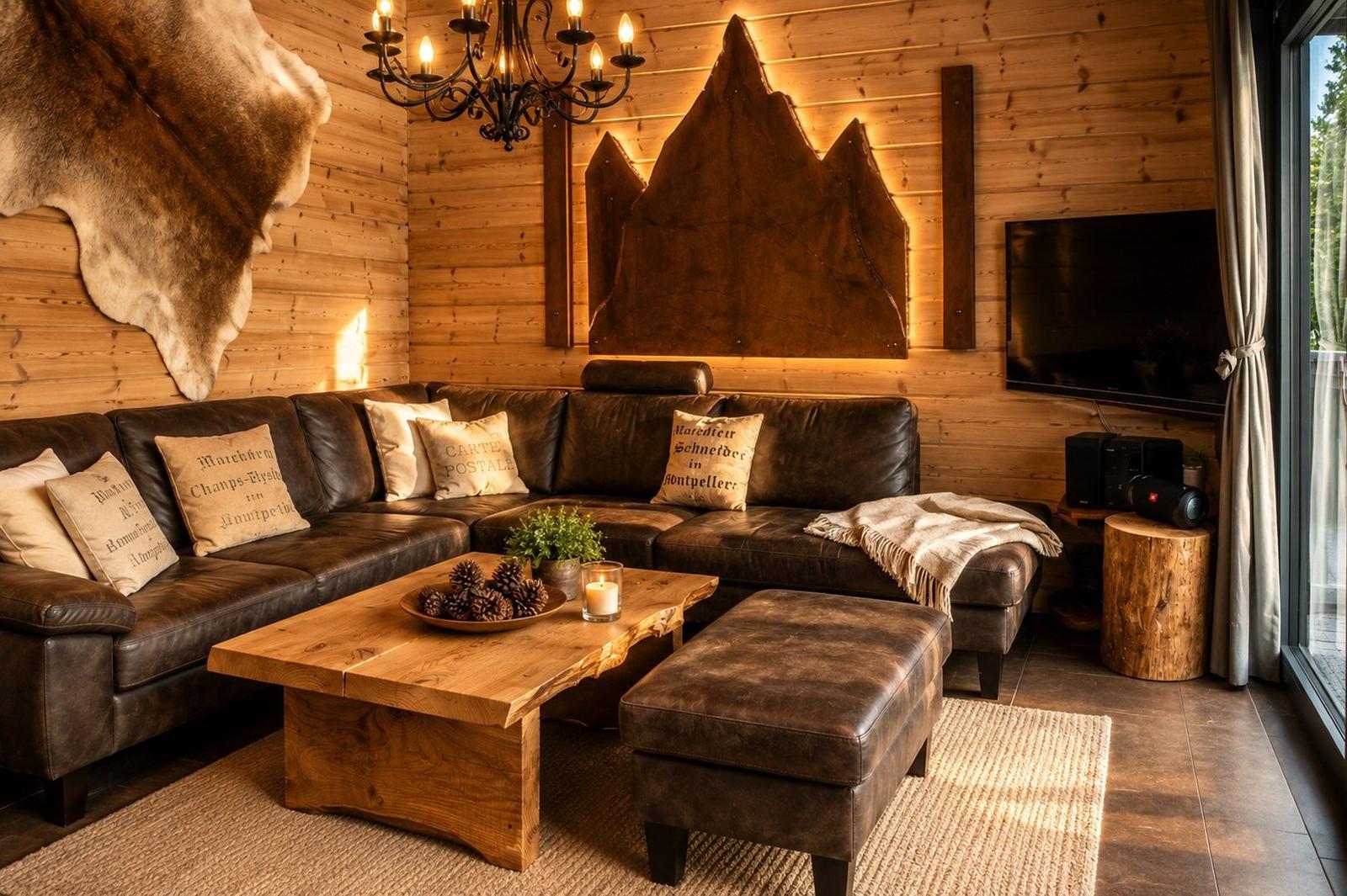Ein Wohnzimmer mit Leder Sofa, Holztisch und Wanddekoration.