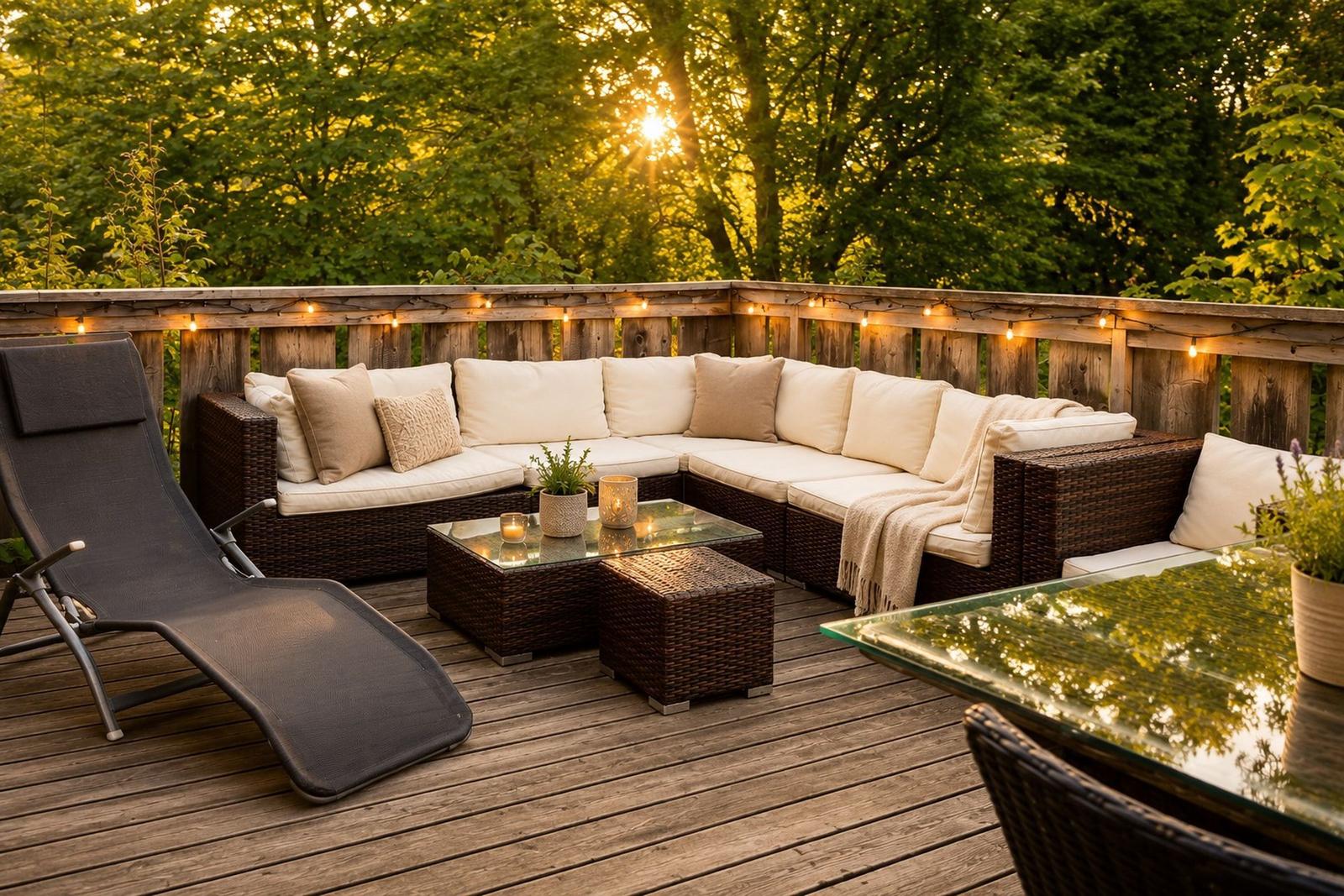 Terrasse mit Sitzgruppe, Liegestuhl und Tischen. Hintergrund: Wald und Sonnenlicht.