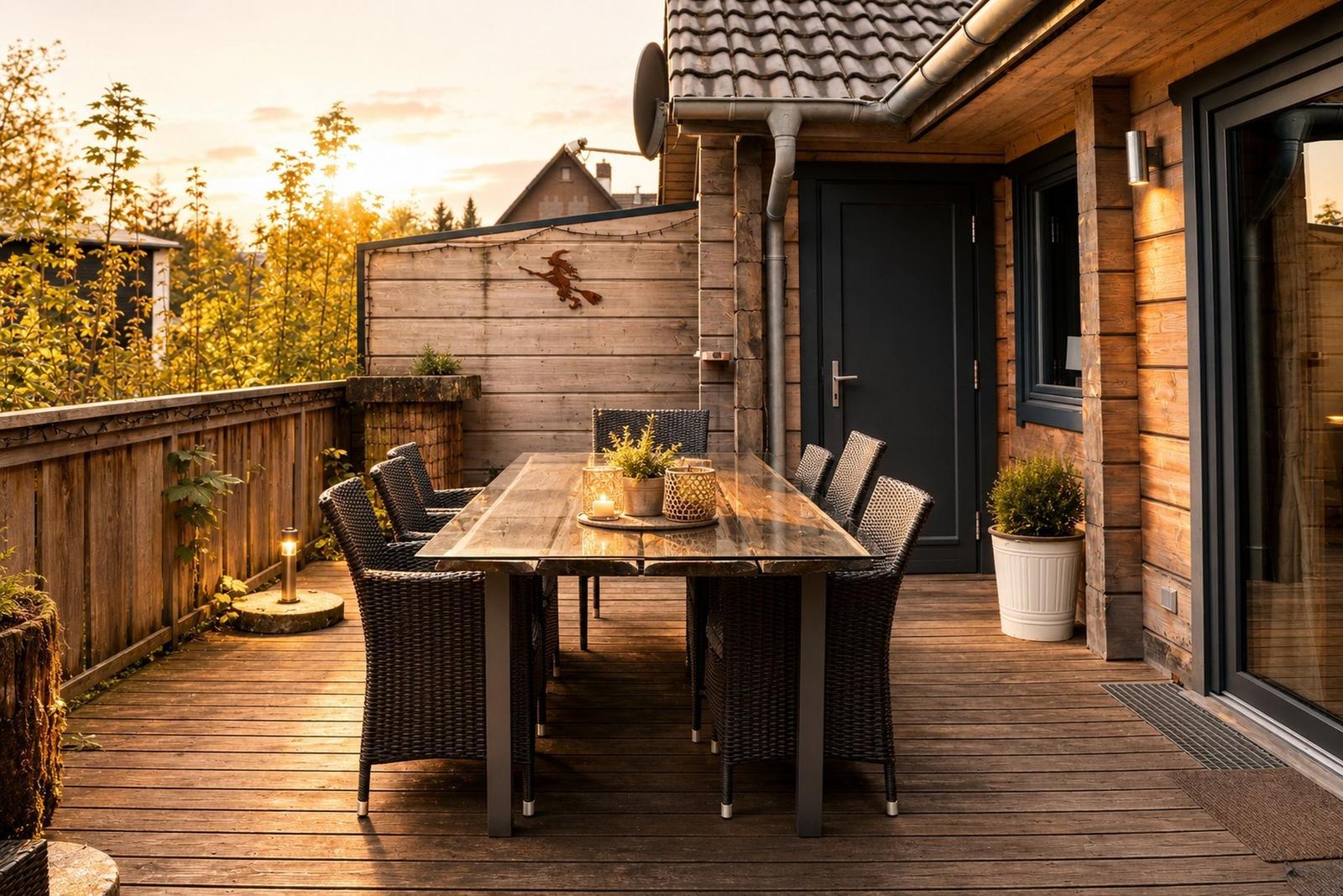 Terrasse mit Esstisch und Stühlen, Holzdecke, Pflanzen und Gartenzaun.