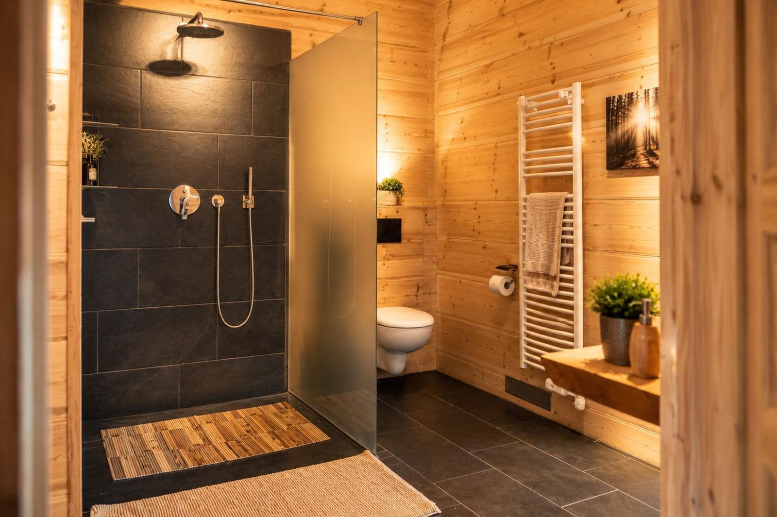 Dusche mit Glaswand, Toilette und Heizkörper an Holzwand.