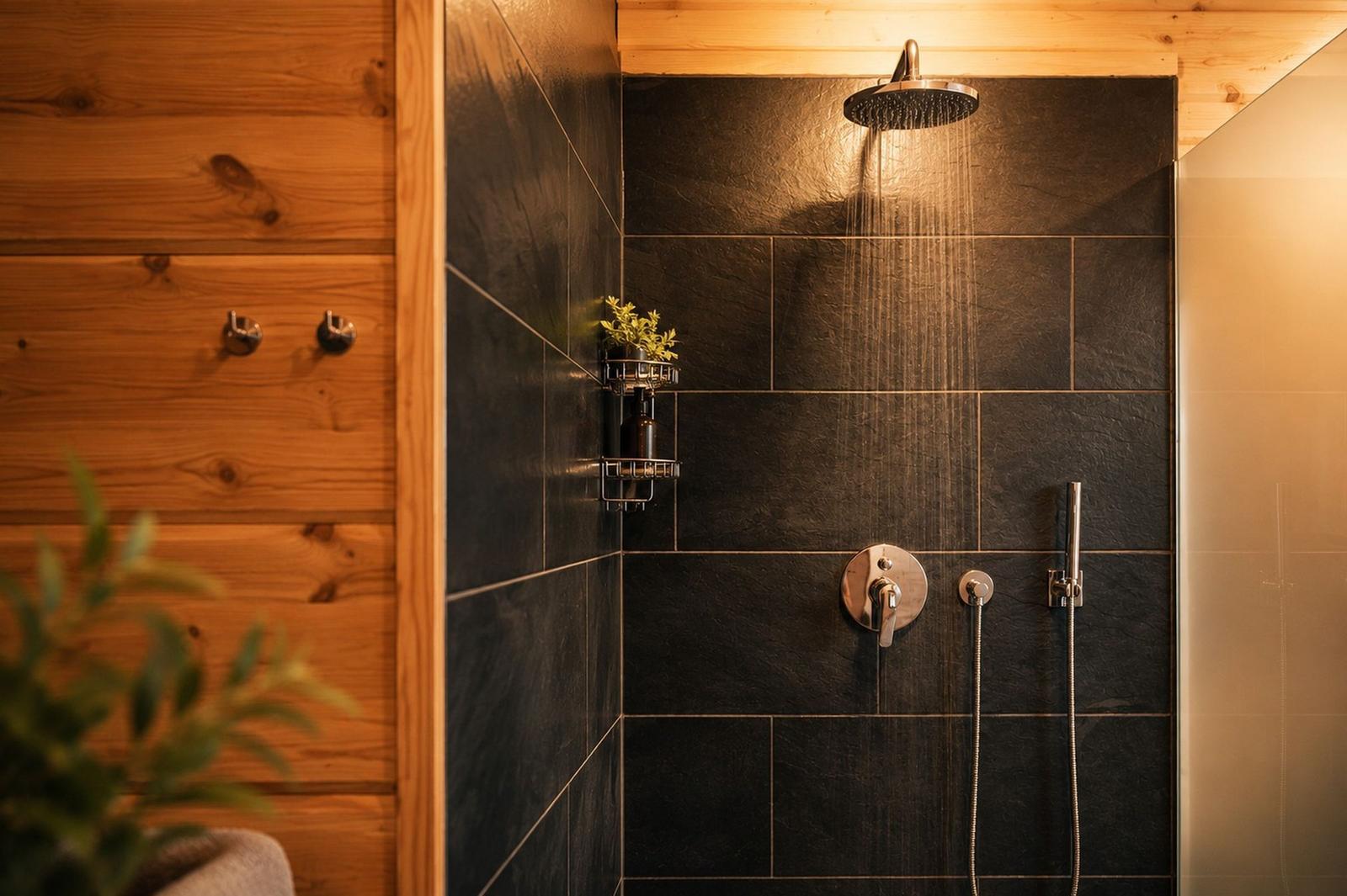 Dusche mit schwarzen Fliesen und Holzwand. Duschbrause und Handbrause sind sichtbar.
