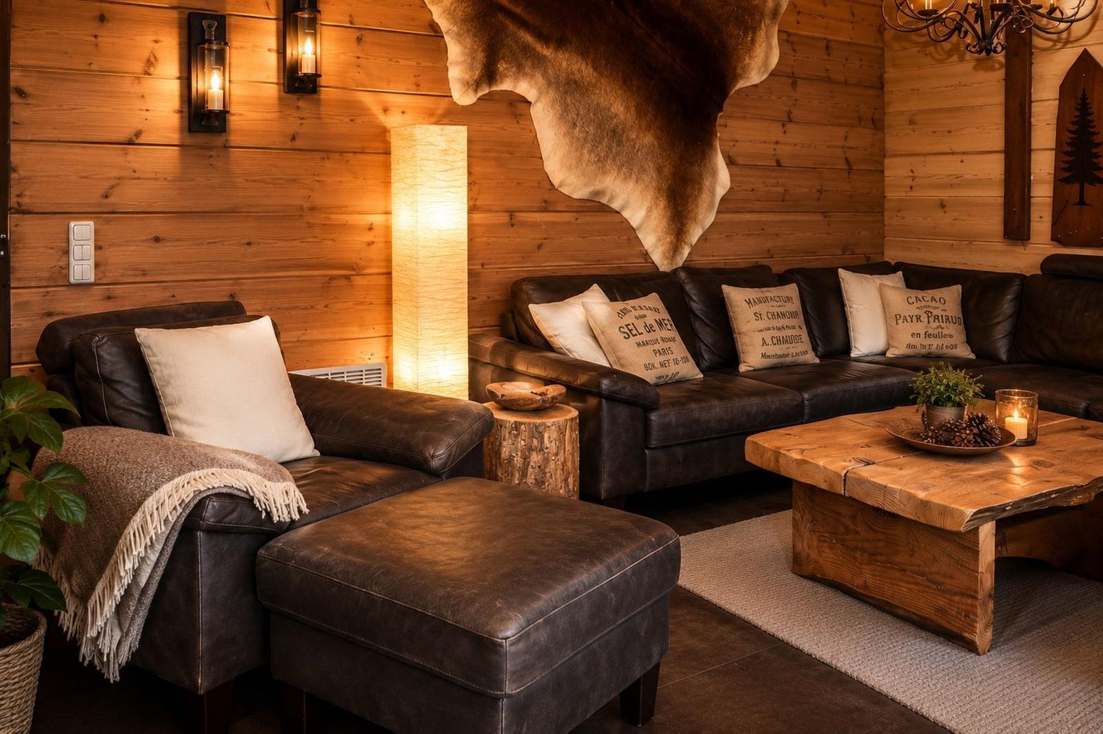 Wohnzimmer mit Ledersofa, Holztisch und Wandbehang