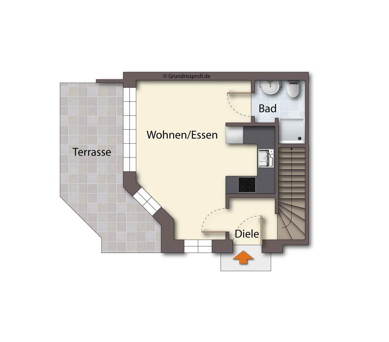 Wohnung mit Küche, Bad, Terrasse und Treppe zur oberen Etage.