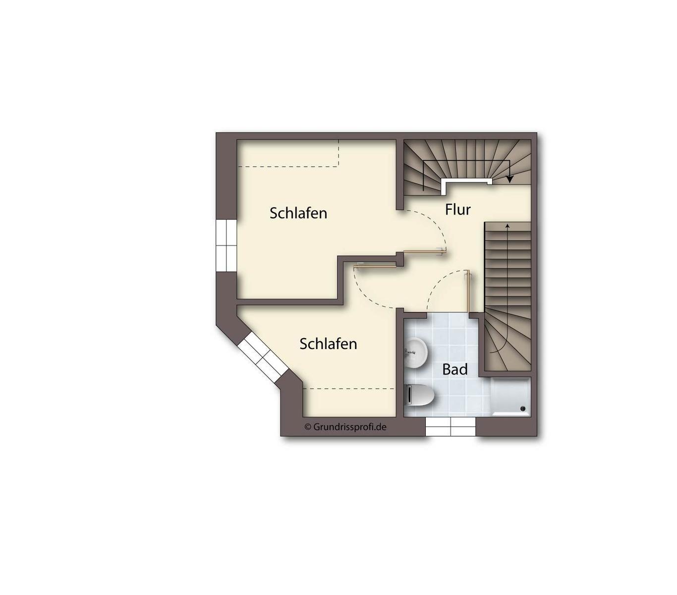 Zweizimmerwohnung mit Bad und Flur. Treppenhaus zur oberen Etage.