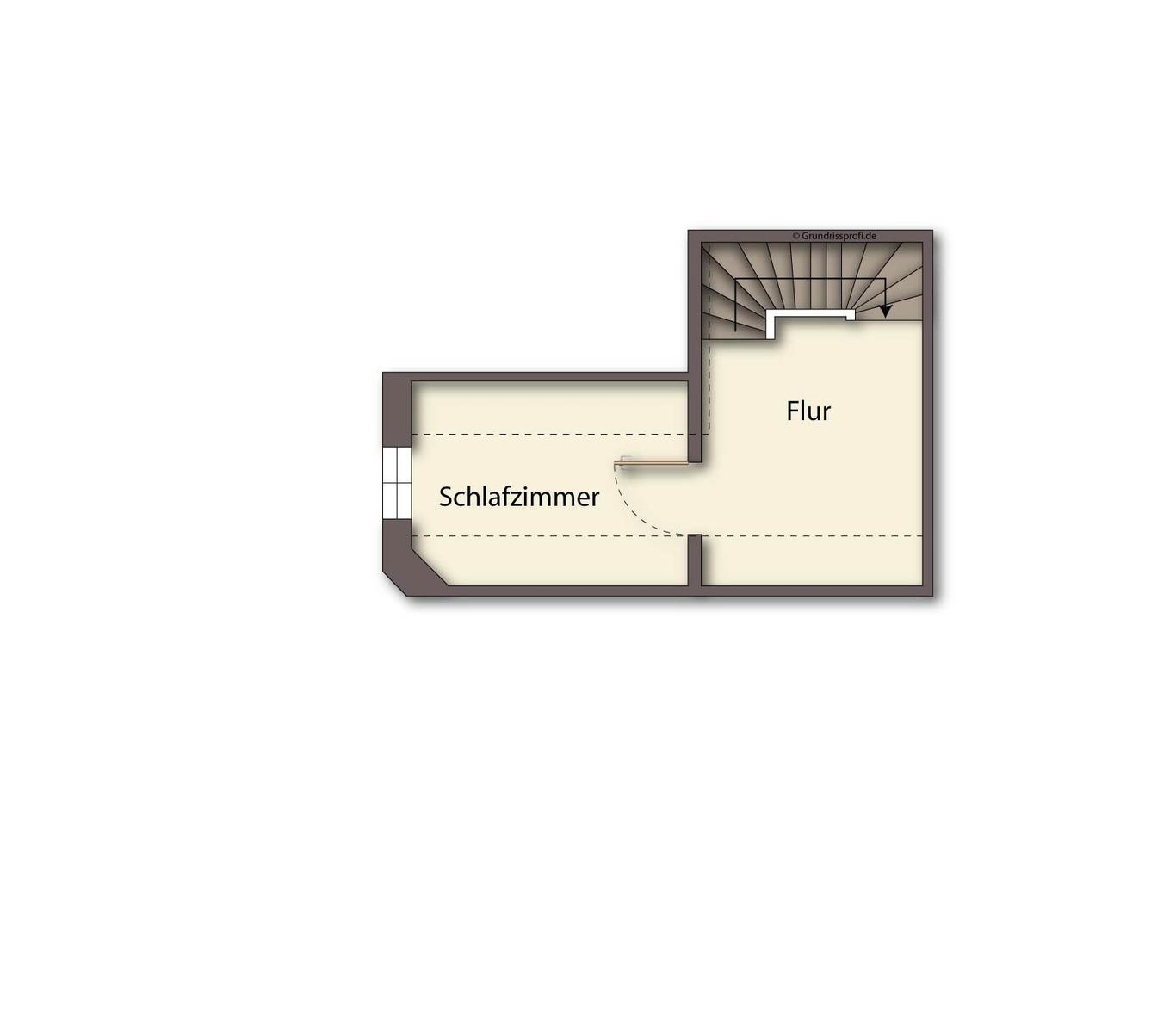 Schlafzimmer und Flur mit Treppe zum Obergeschoss.