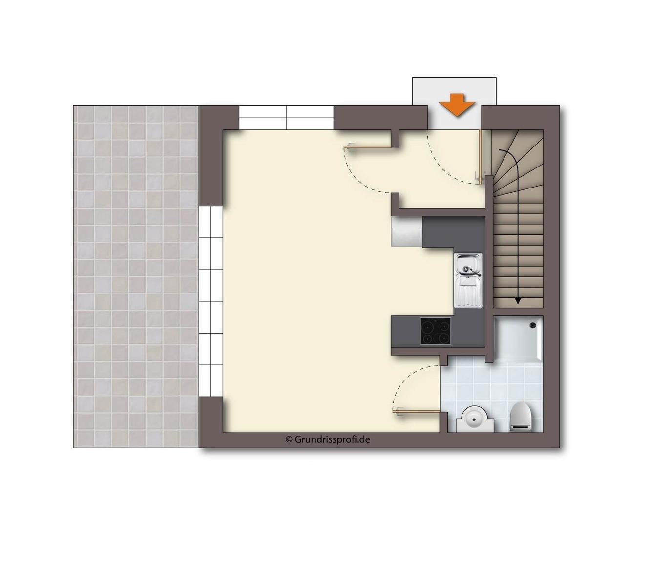 Einfamilienhaus mit Küche, Bad und Treppe zur oberen Etage.