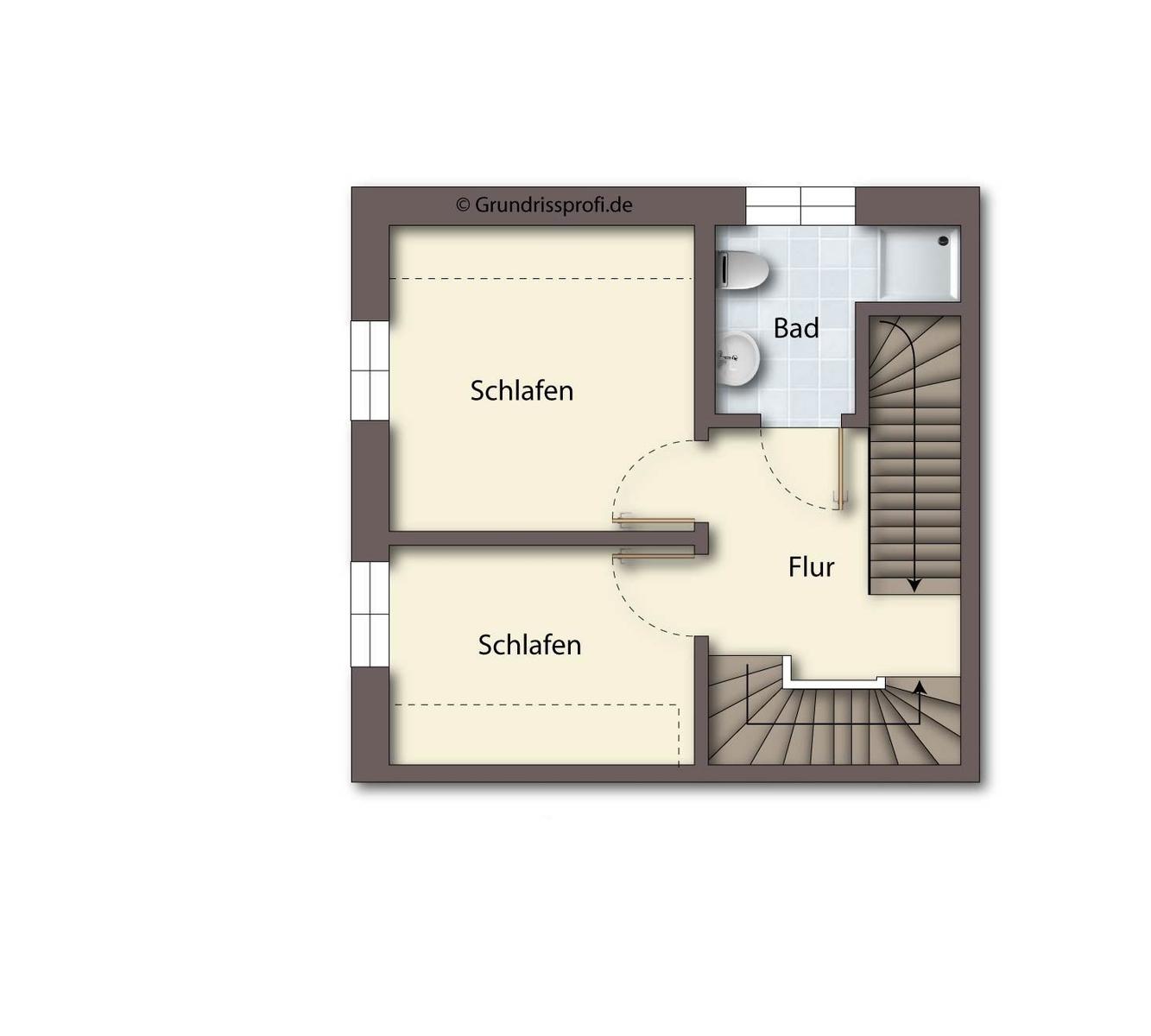 Zwei Schlafzimmer, Bad und Flur mit Treppe zur Untergeschoßebene.