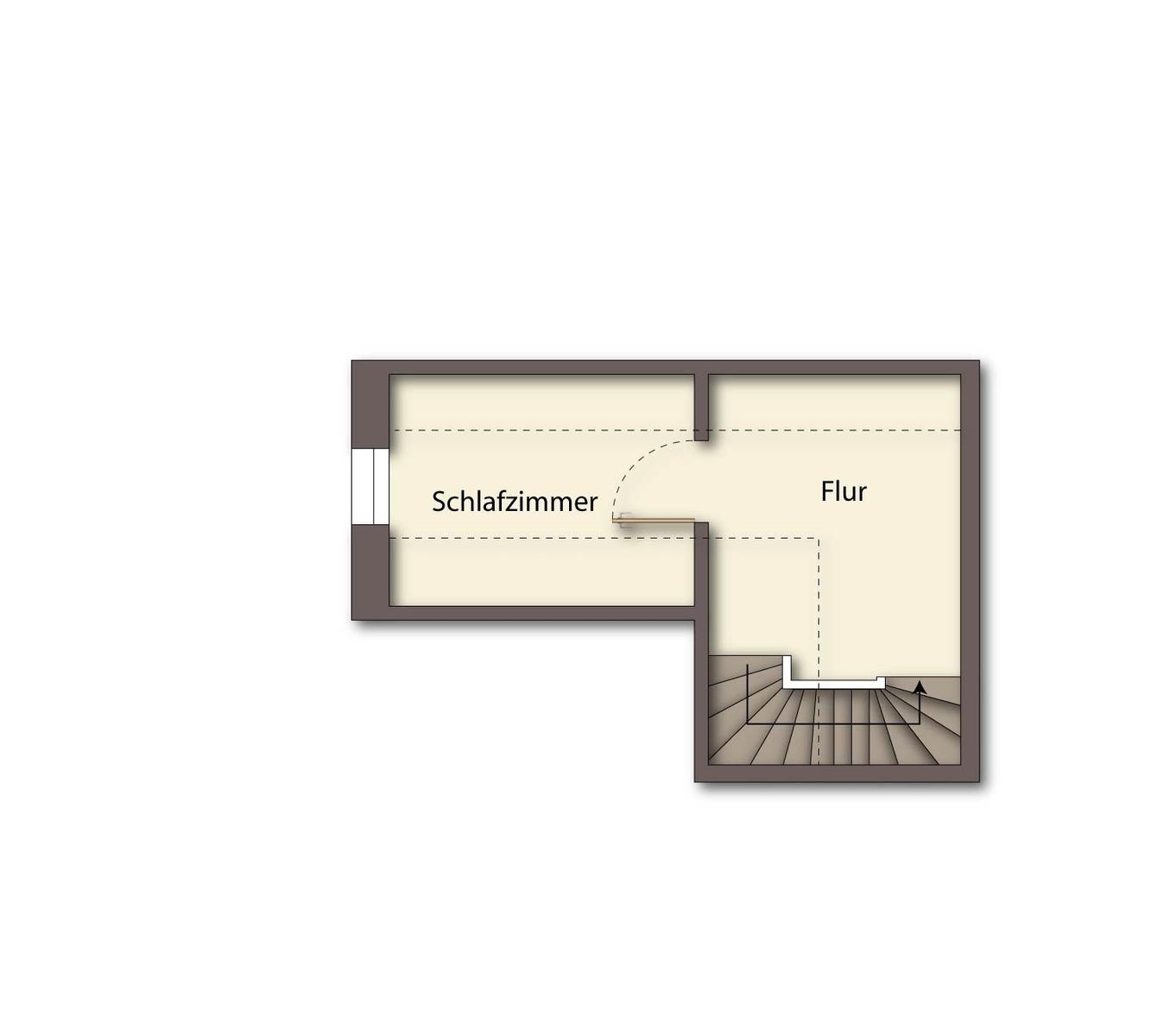 Schlafzimmer und Flur mit Treppe zur oberen Etage.
