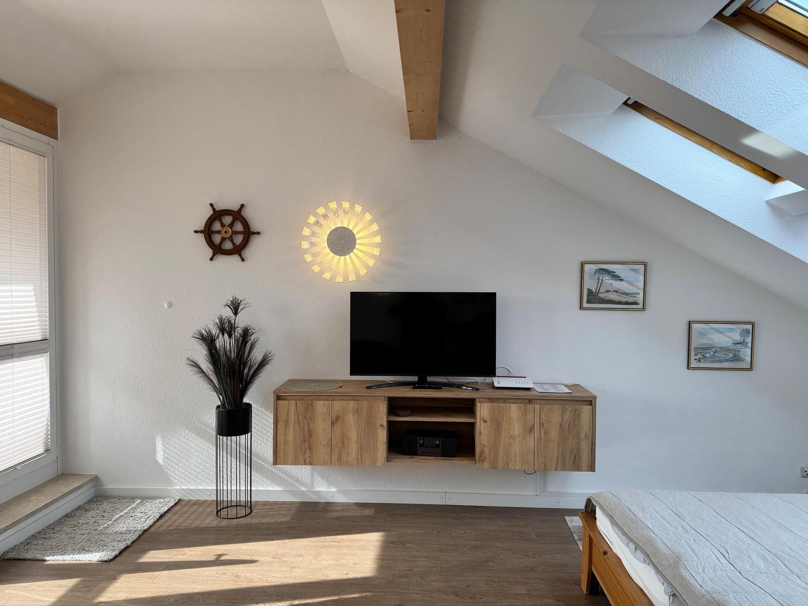 Schlafzimmer mit Holzboden, TV-Möbel und Dachfenster.