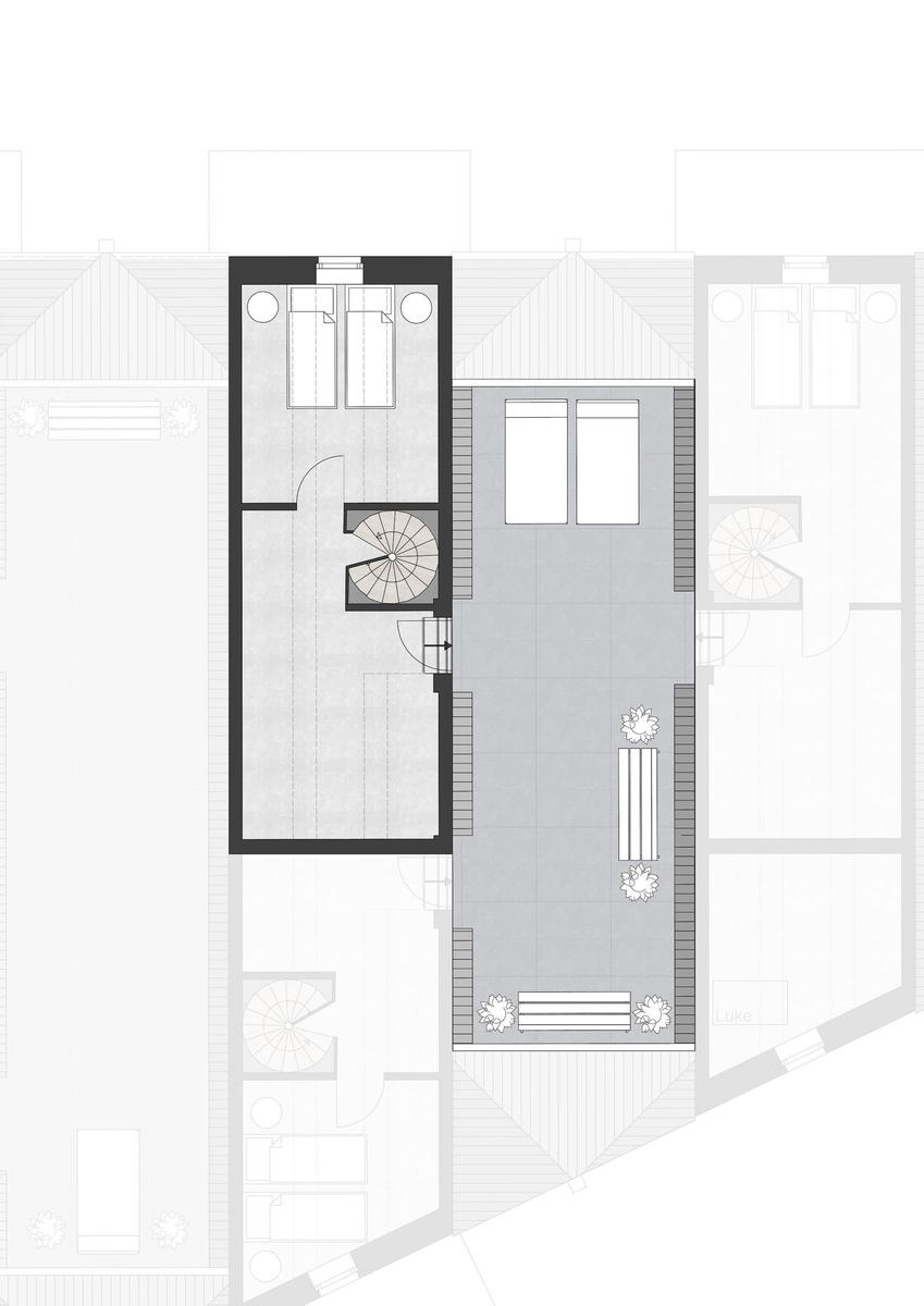 Die Wohnung hat eine Küche, ein Bad, ein Schlafzimmer und eine Terrasse.
