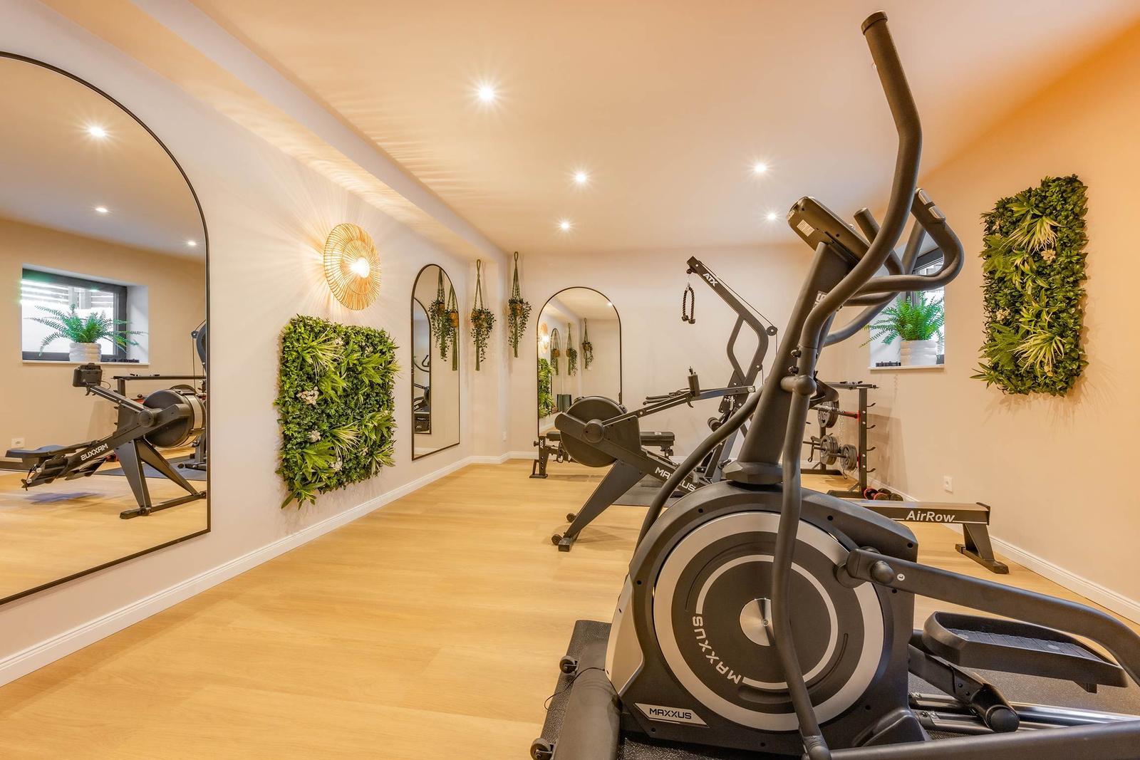 Fitnessraum mit Laufband, Spiegeln und Pflanzen an den Wänden.