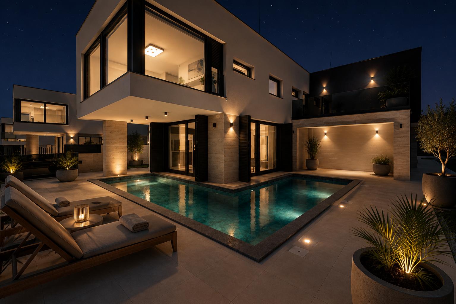 Moderne Villa mit Pool und Terrasse bei Nacht. Beleuchtete Fenster und Pflanzen.