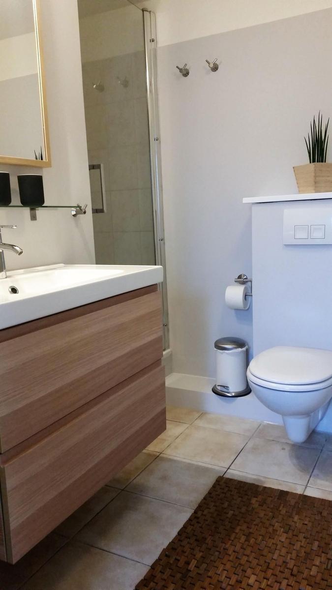 Badezimmer mit Waschbecken, Dusche, Toilette und Badezimmermatten.