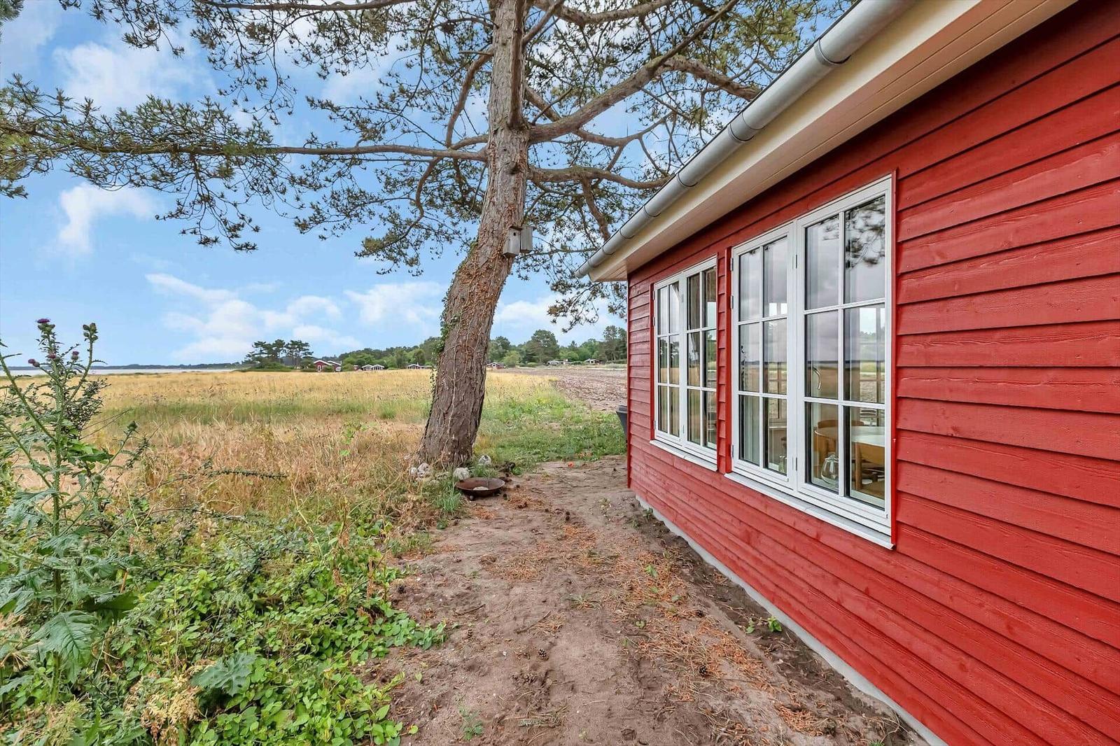 Rotes Holzhaus mit weißen Fenstern neben einem Baum in einer ländlichen Umgebung.