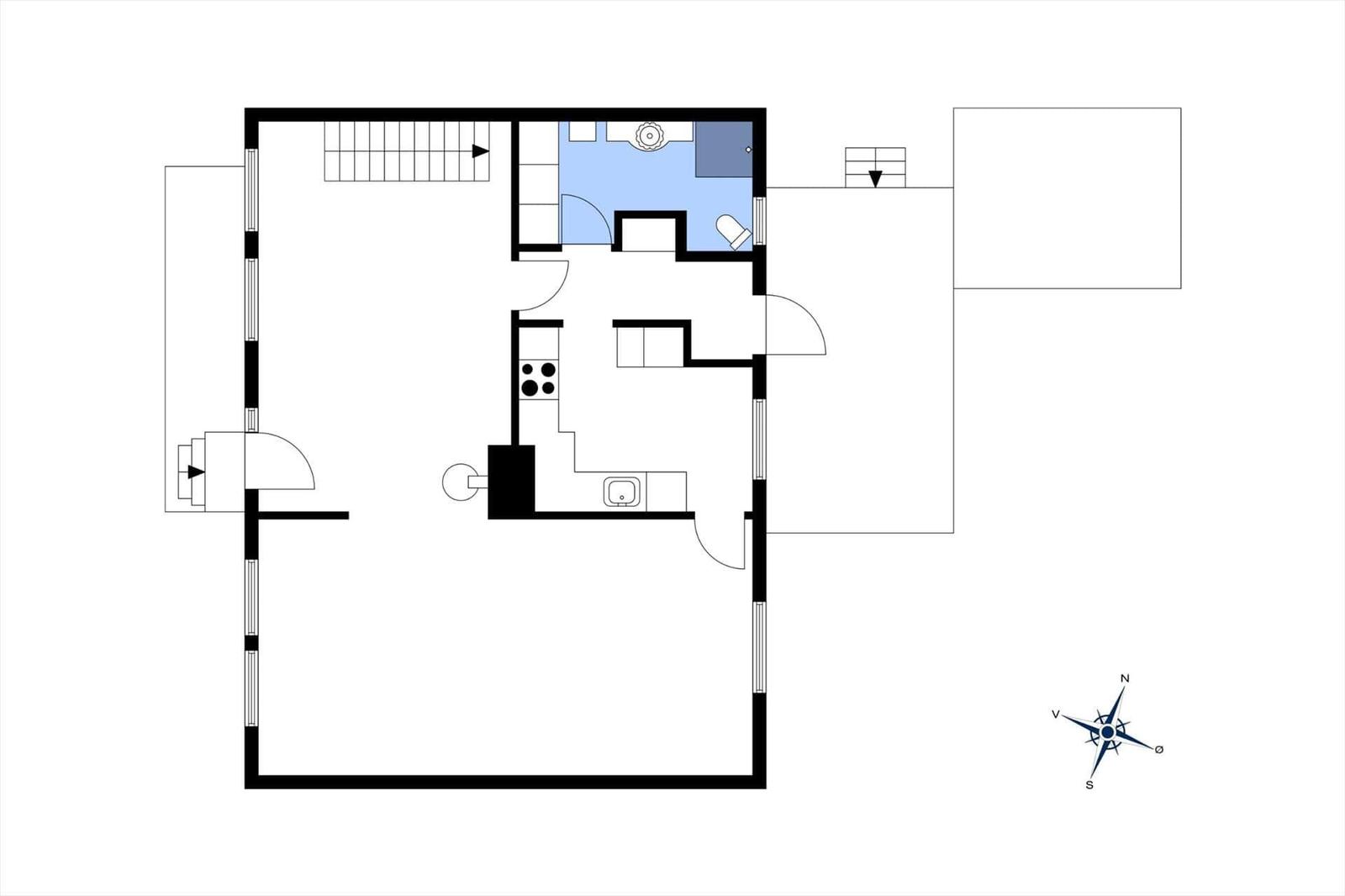 Dies ist die Grundrisszeichnung der Wohnung mit Küche, Bad und Schlafzimmer.