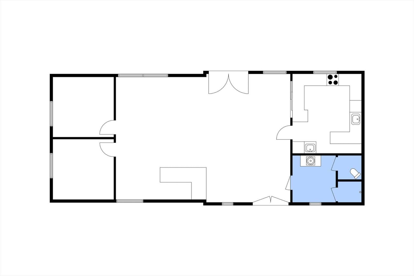 The apartment has two bedrooms, a kitchen, and a bathroom with shower.