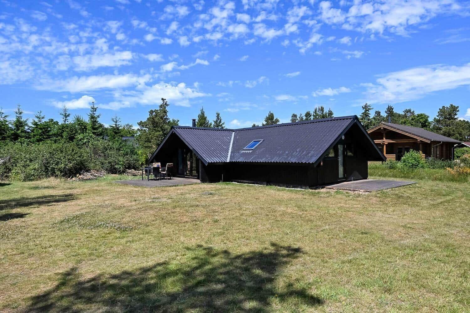 Ein dunkles Holzhaus mit Dachterrasse und Garten unter blauem Himmel.