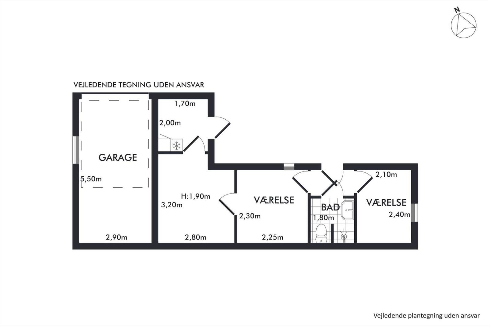 Wohnung mit Garage, zwei Schlafzimmern und Bad. Maße sind eingezeichnet.