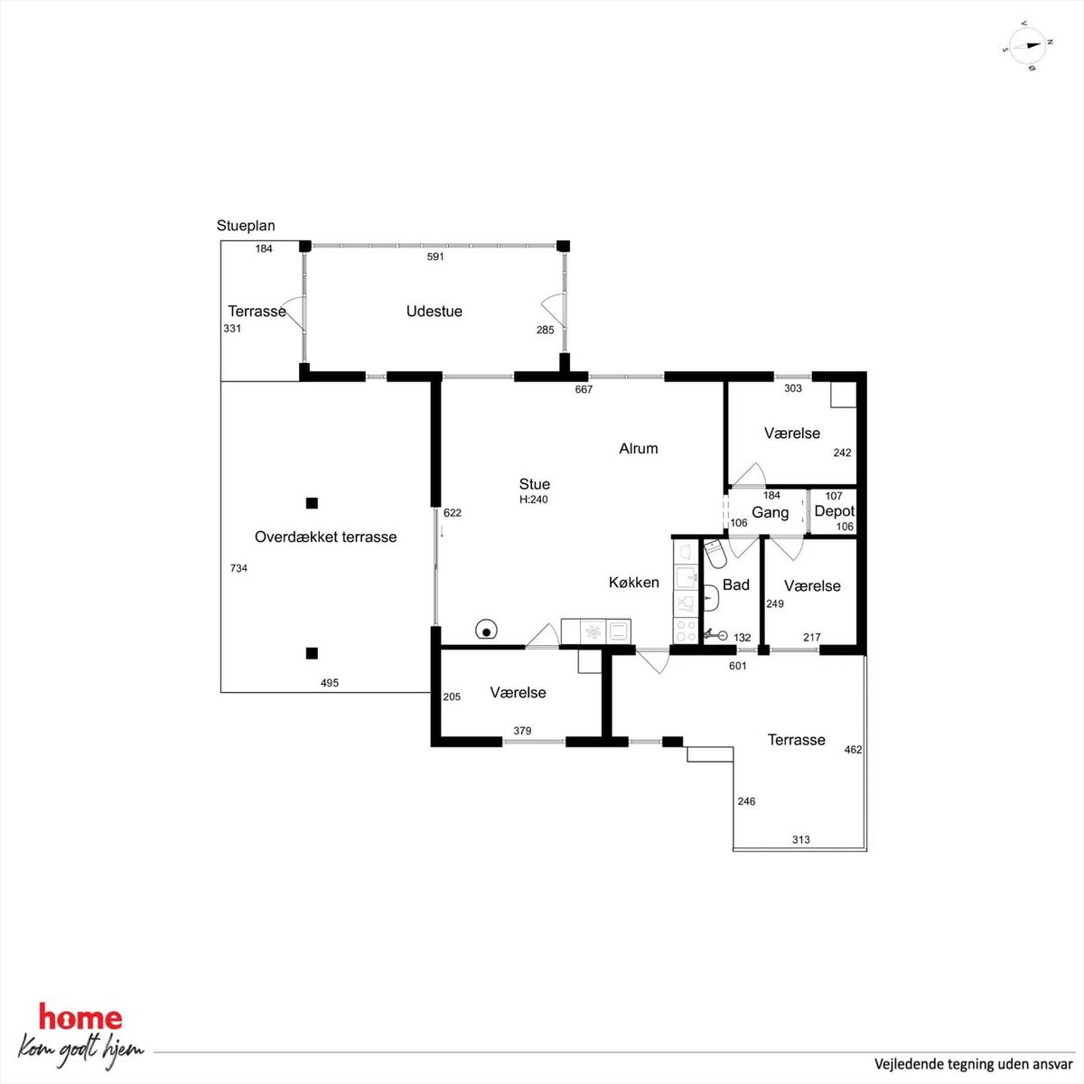 Functional floor plan with kitchen, bedrooms, bathroom, and terrace areas.