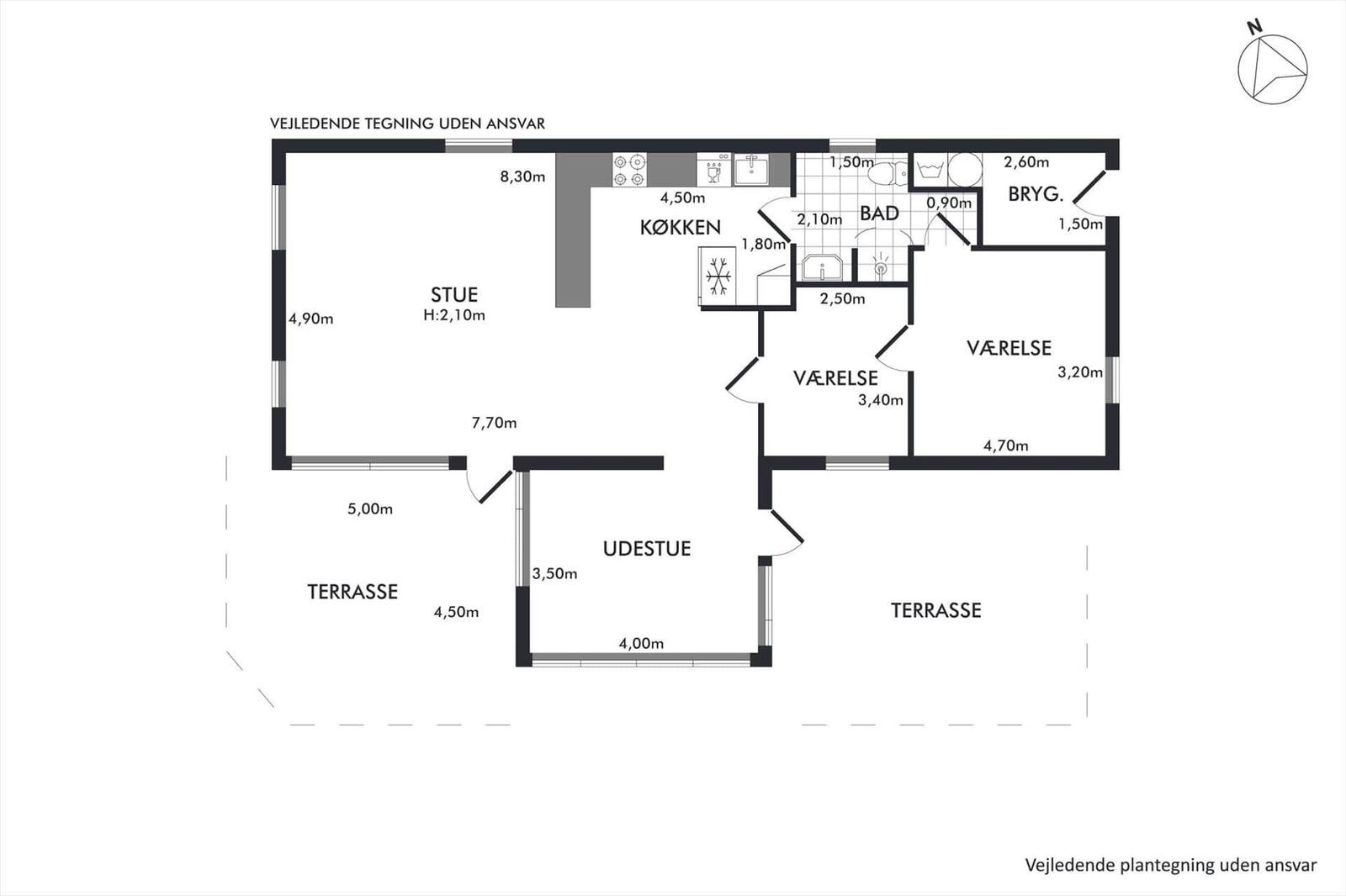 Dieses Grundriss zeigt eine Wohnung mit zwei Schlafzimmern, Küche, Bad und Terrassen.