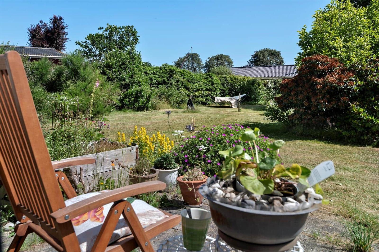 Backyard with garden, wooden chair, and flower beds under blue sky.