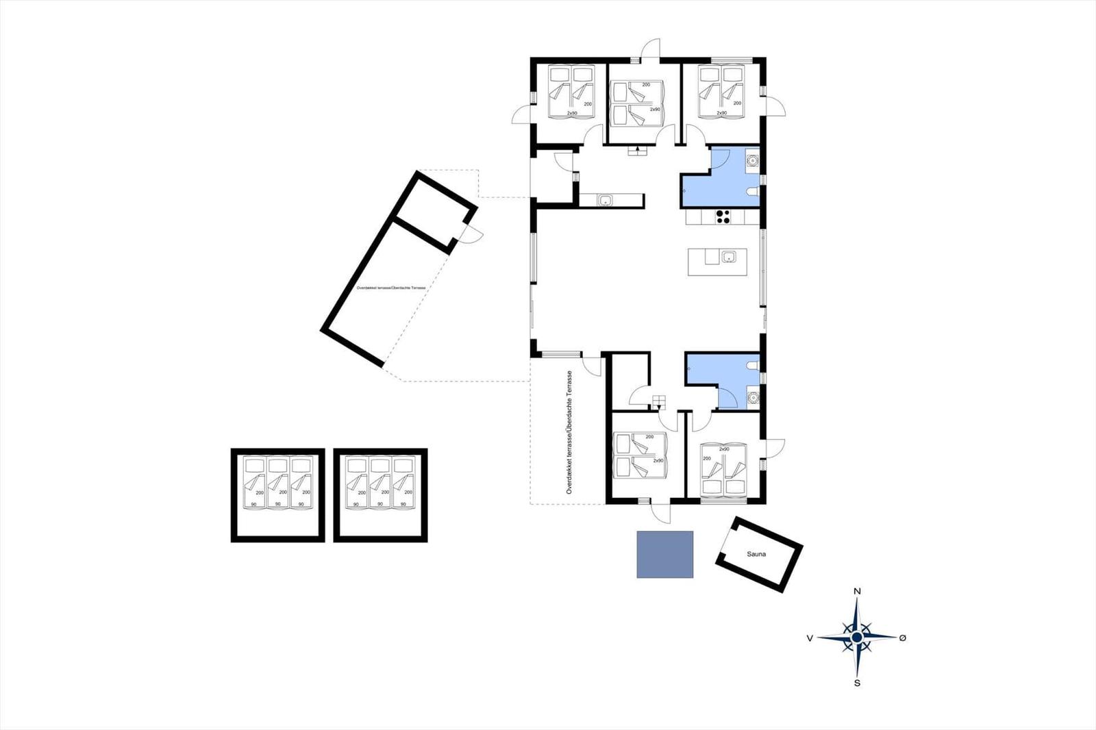 Functional floor plan with multiple bedrooms, kitchen, bathroom, and sauna.