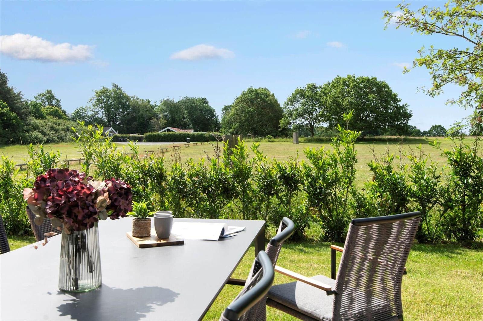 Terrasse mit Tisch und Stühlen, Blick auf grünes Feld und Bäume unter blauem Himmel.