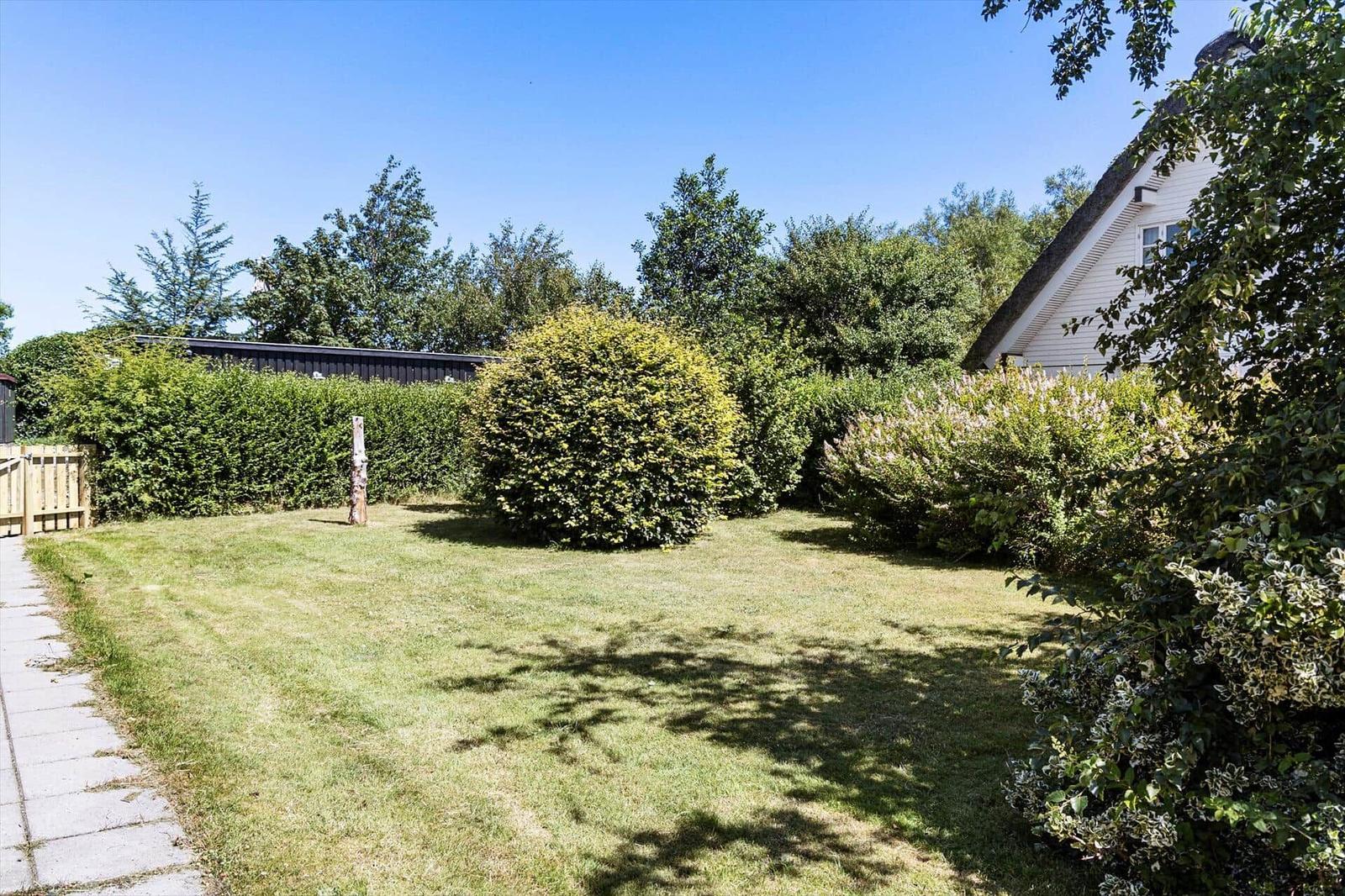 Green lawn with shrubs and a white house with thatched roof.
