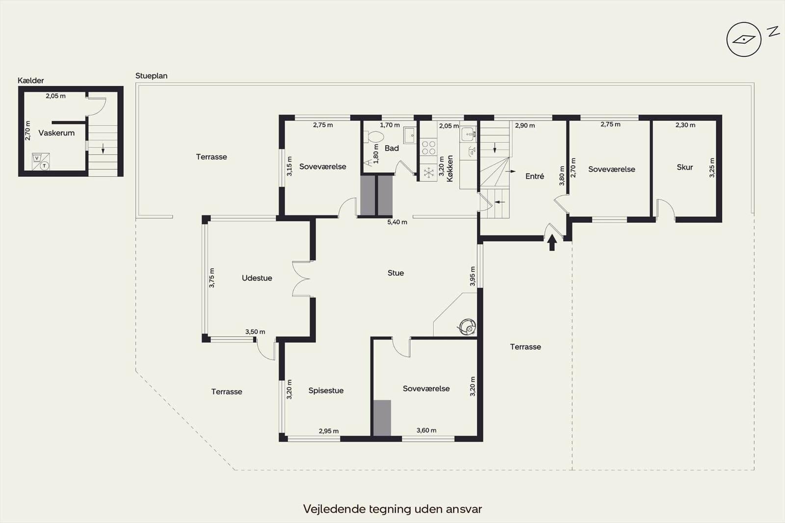 Grundriss zeigt Wohnbereich, Schlafzimmer, Küche und Terrassen mit Maßen.