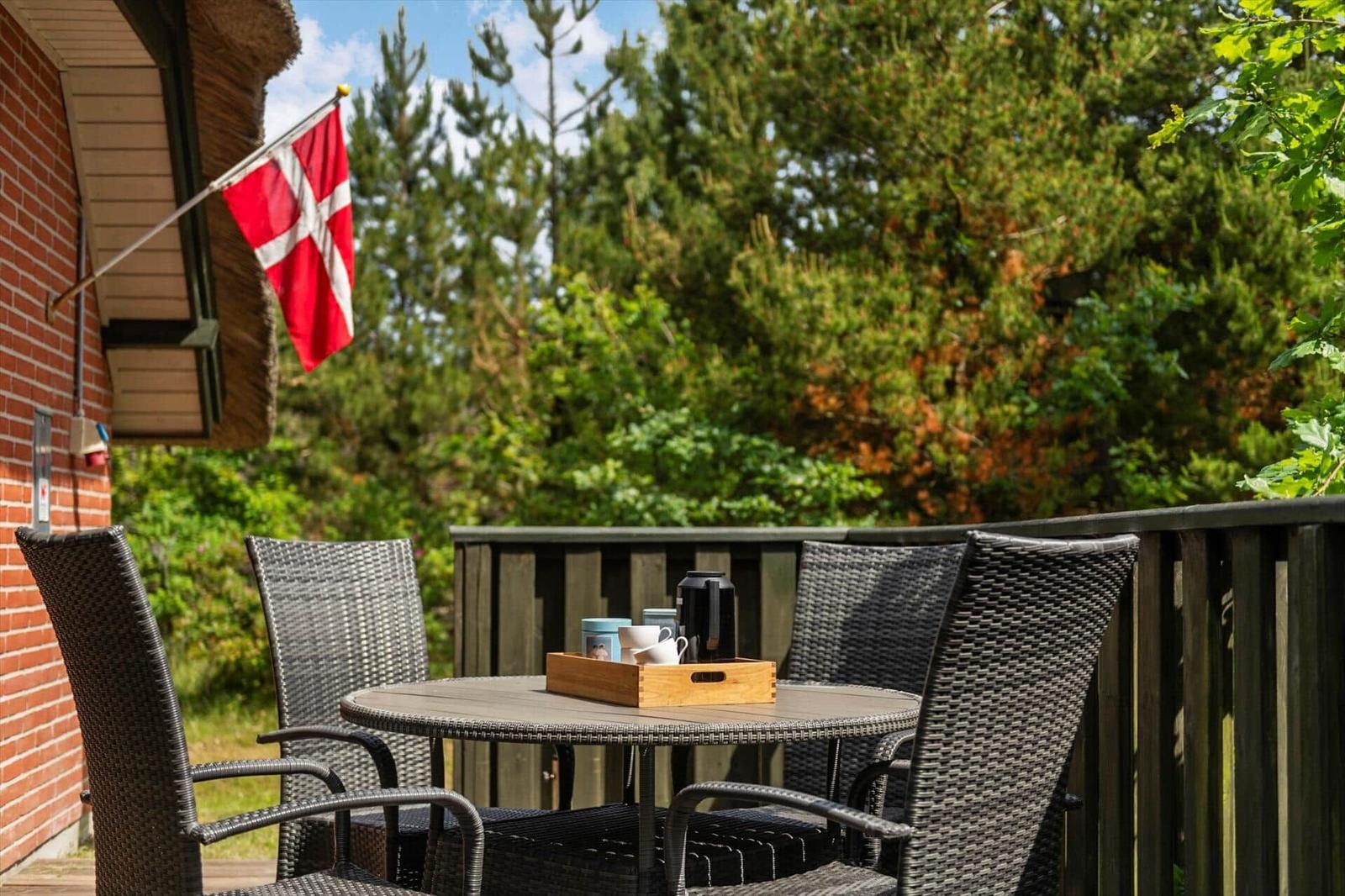 Terrasse mit Tisch und Stühlen, daneben dänische Flagge und grüne Bäume.