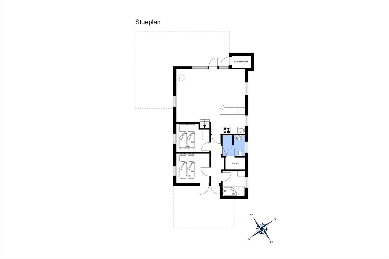 Stueplan zeigt zwei Schlafzimmer, Sauna, Küche und Skur/Schuppen.