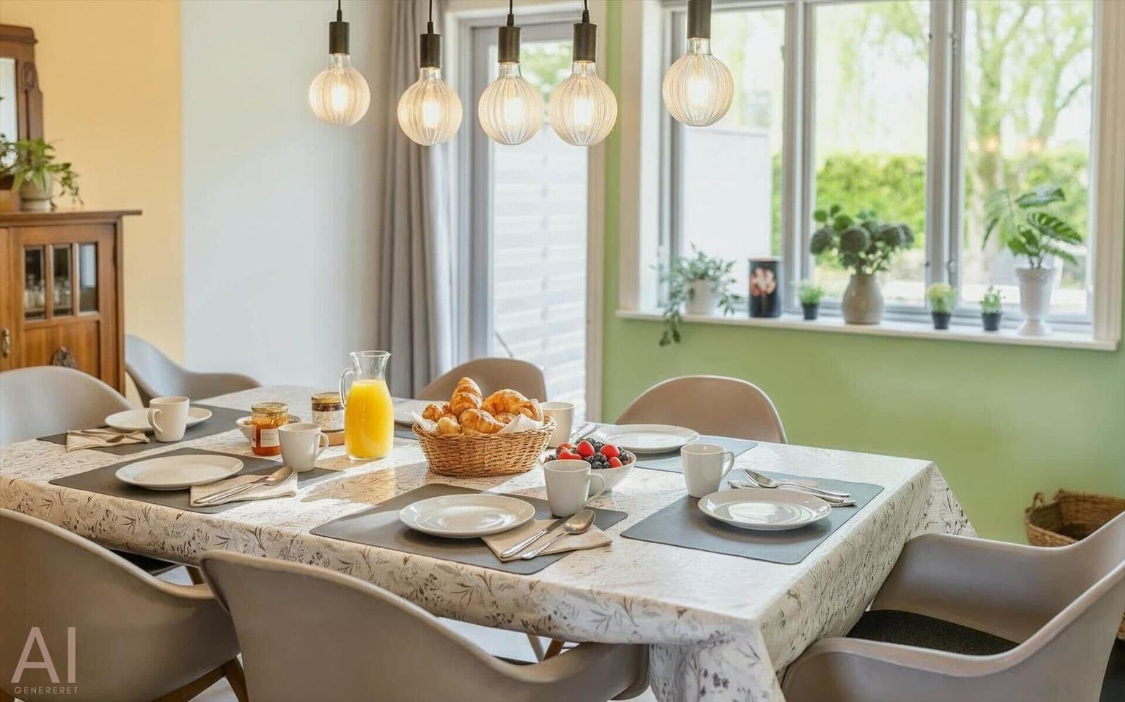 Set dining table with breakfast, window with plants and pendant lights.