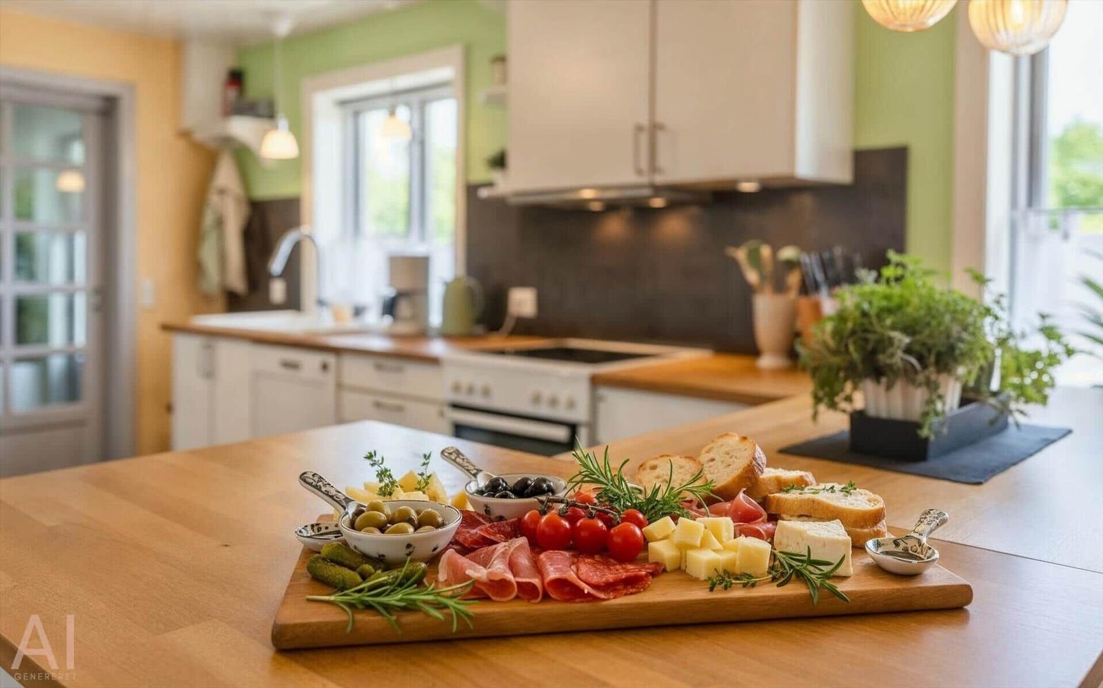 Kitchen with wooden surface and rustic cheese board with meat, cheese, and vegetables.