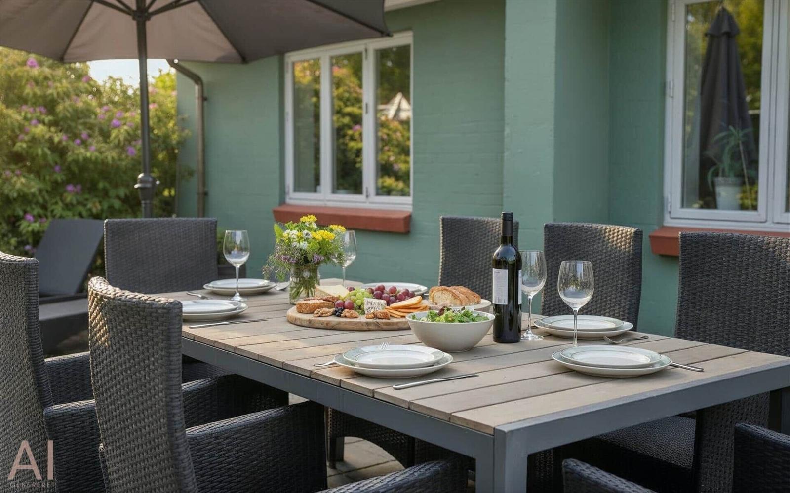 Outdoor dining table set for six on terrace. Background: green wall and windows.