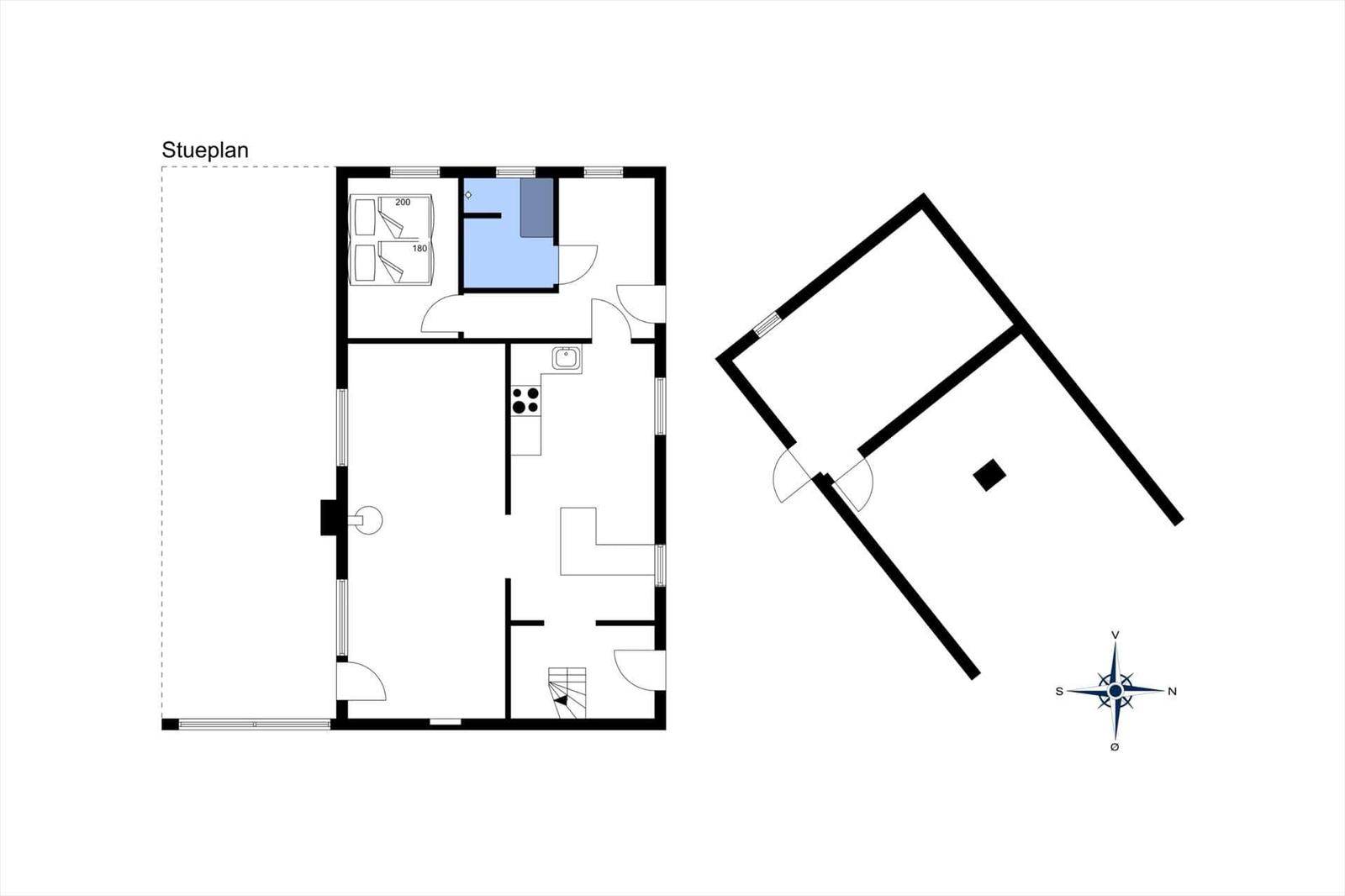 Floor plan shows living area with kitchen, bathroom, and bedroom. Outdoor area with compass.