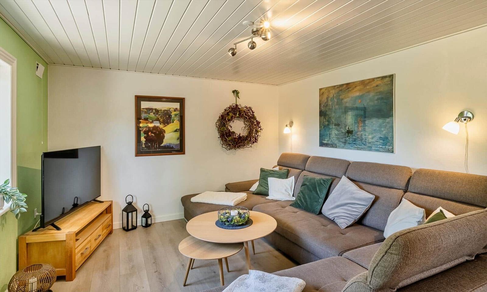 Living room with sofa, coffee table, and TV. Wall art and lighting.