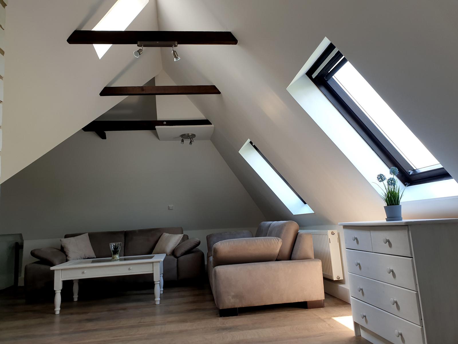 Wohnzimmer mit Dachschrägen, Dachfenstern, Sofa und Schrank.