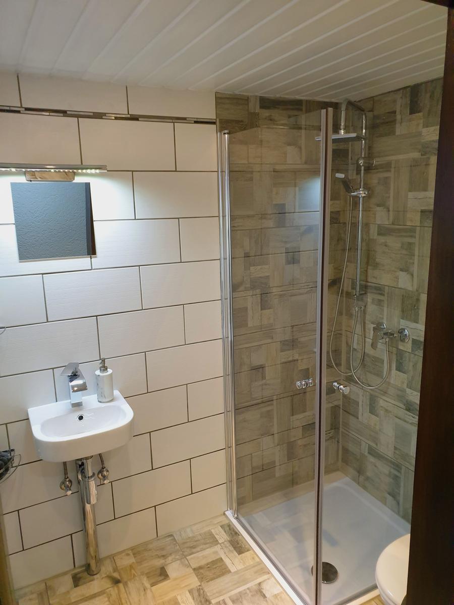 Badezimmer mit Dusche, Waschbecken und Spiegel an der Wand.