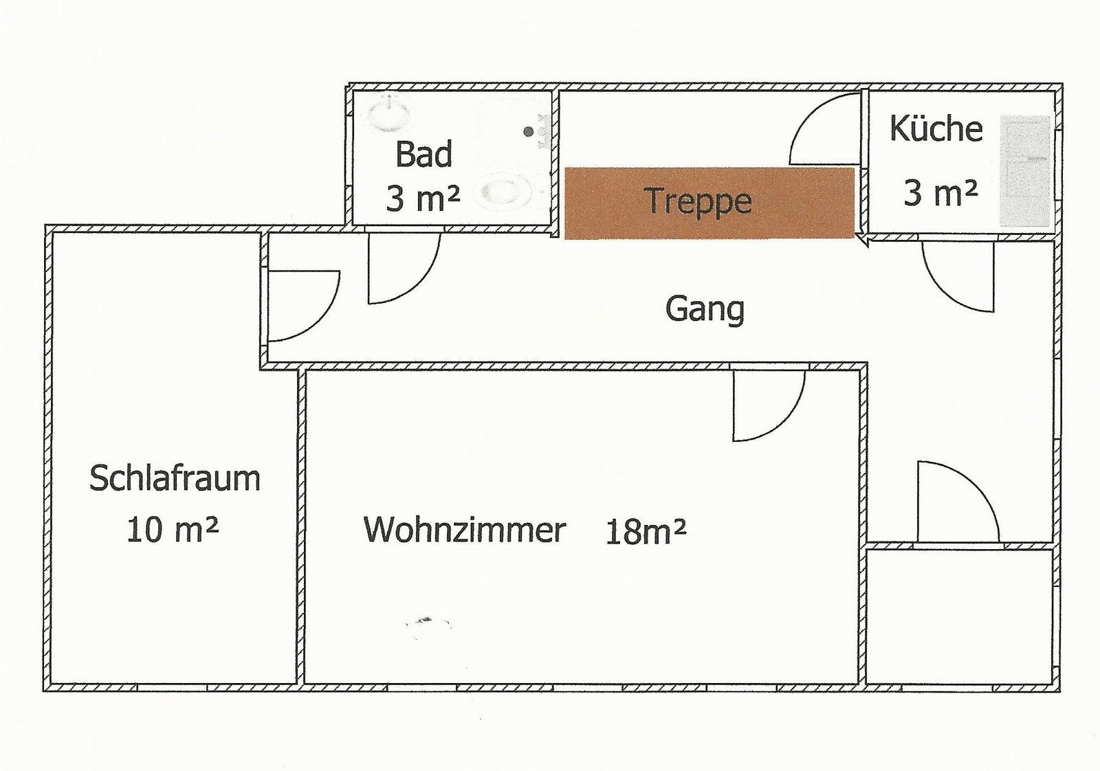 Funktionaler Grundriss mit Schlafzimmer, Wohnzimmer, Küche und Bad.
