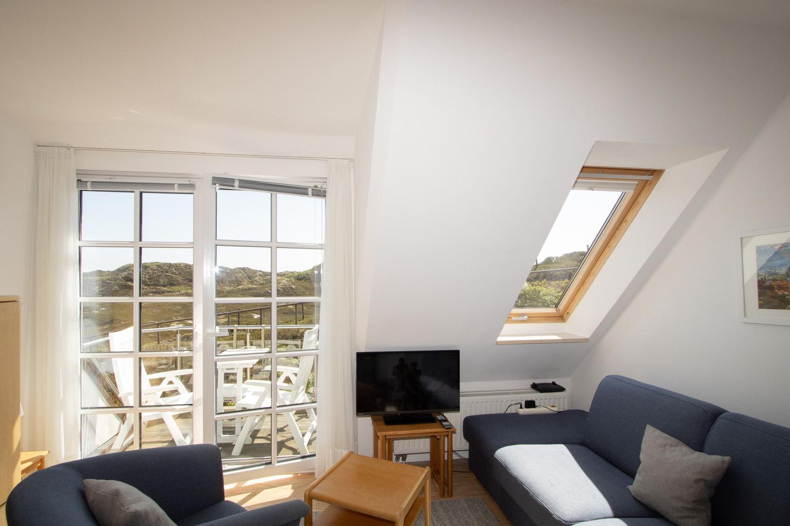 Living room with sofa, TV, and skylight. Door leads to balcony with view of landscape.