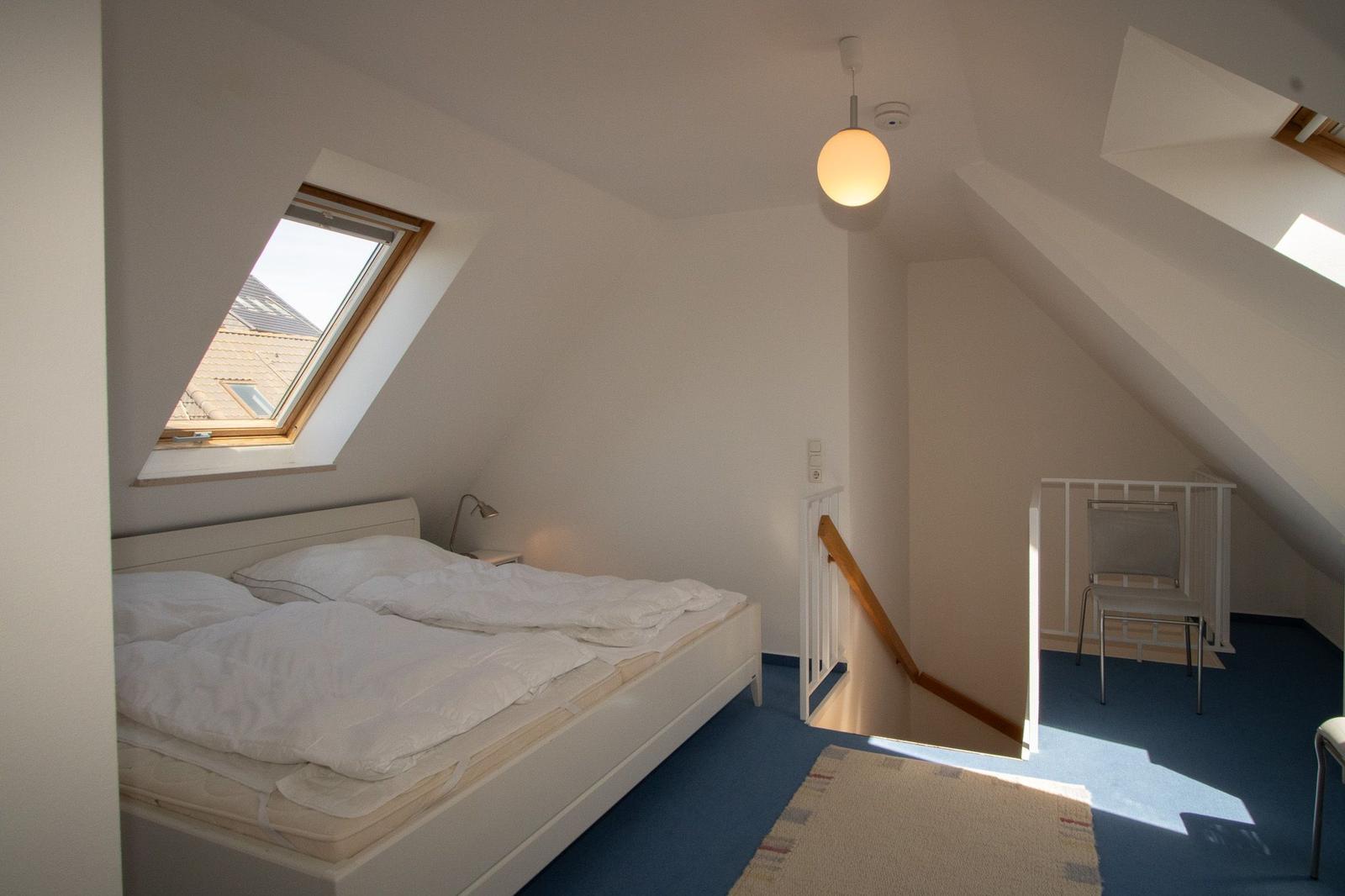 Bedroom with skylight, bed, and stairs to gallery.