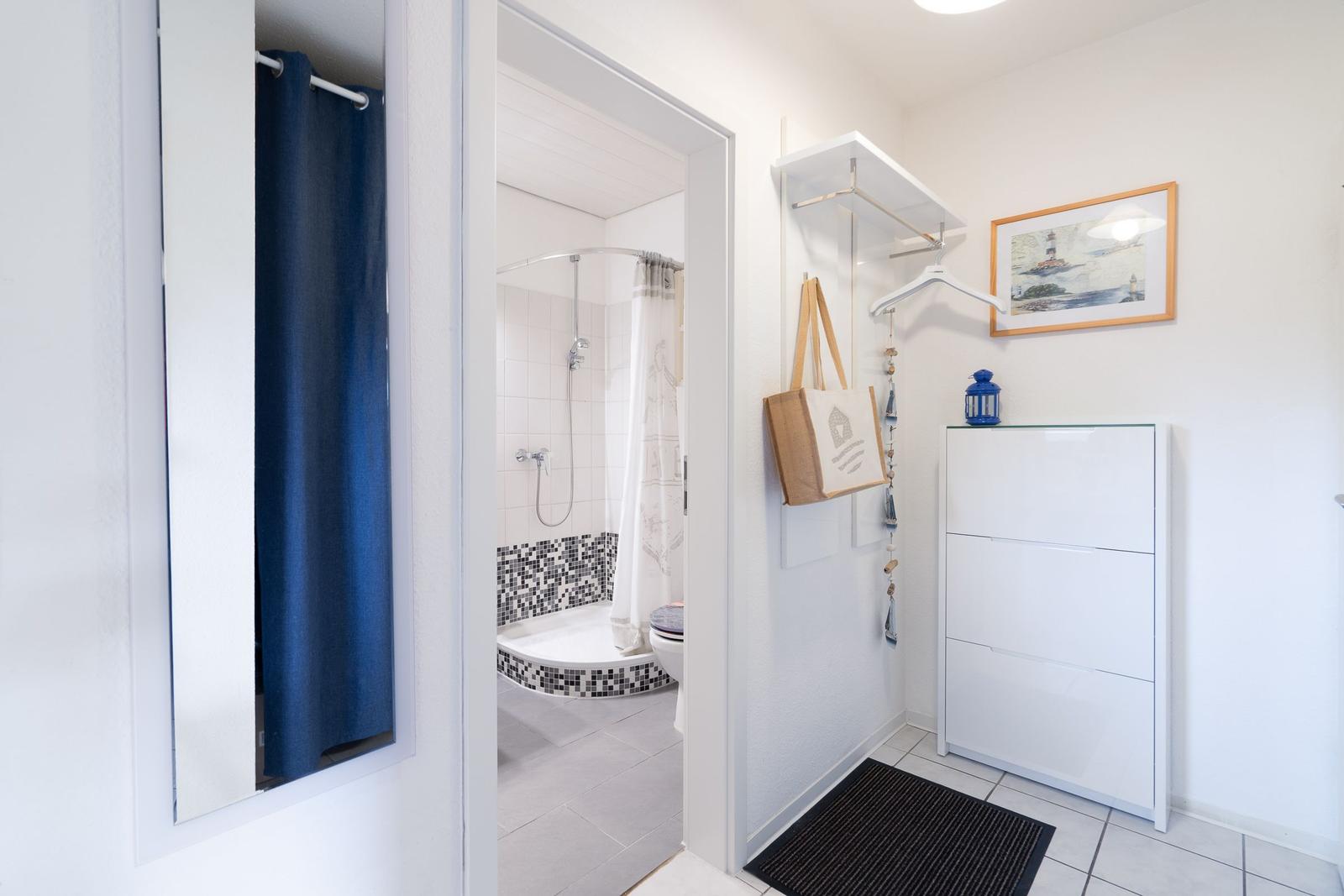 Hallway with closet, shoe cabinet, and view into the shower.