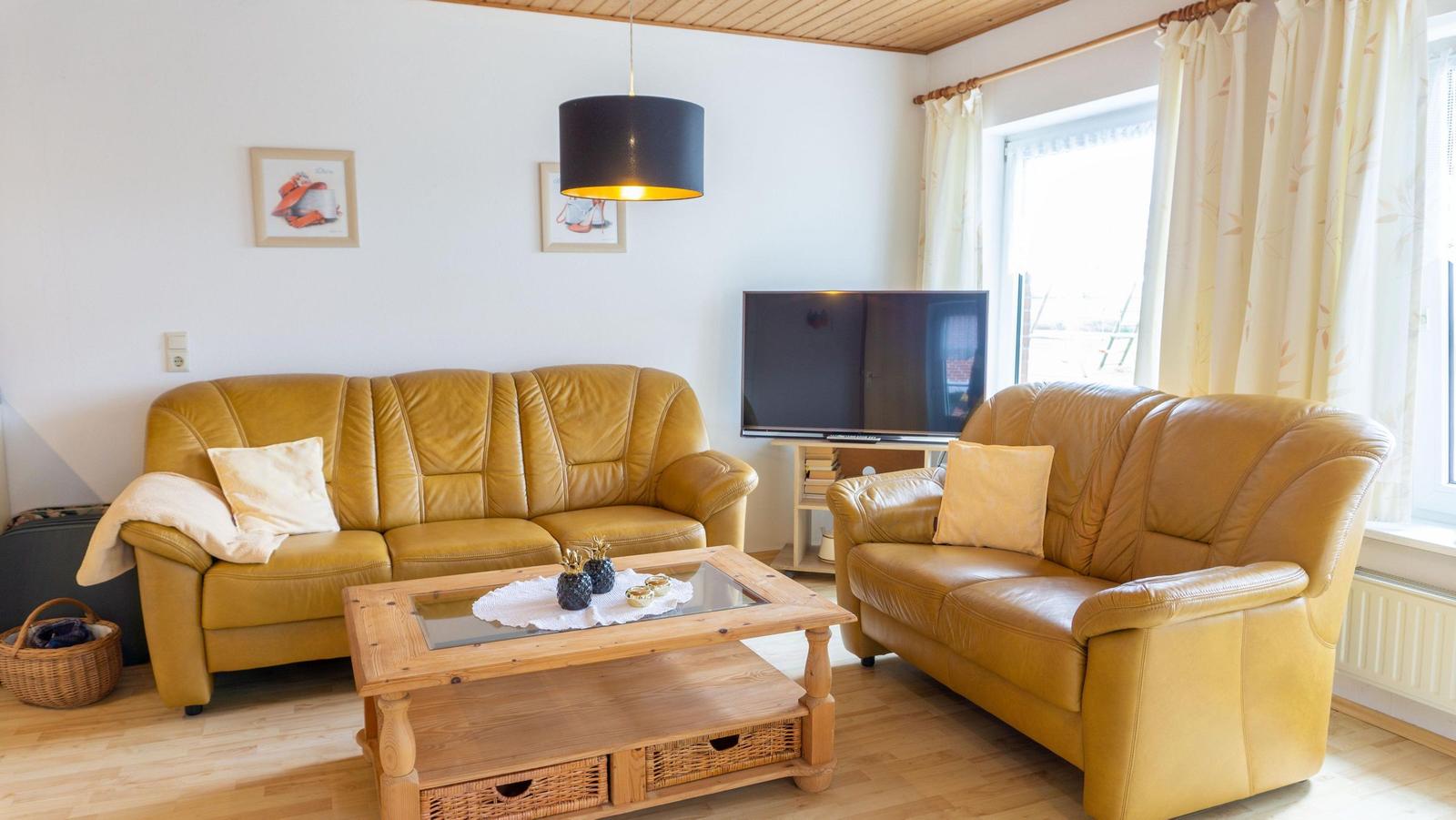 Wohnzimmer mit zwei Ledersofas, Holzcoffee-Tisch und Fernseher.