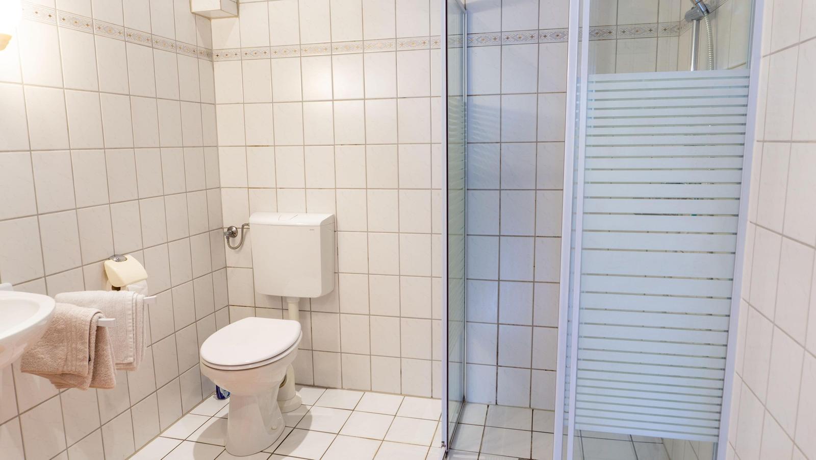 Badezimmer mit Toilette, Dusche und Waschbecken. Fliesenwand und -boden.